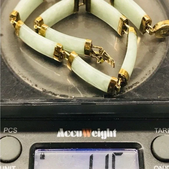 10K Yellow Gold Natural Green Jade Panel Link Bracelet 7” 11.5g Estate 16mm - Picture 6 of 12